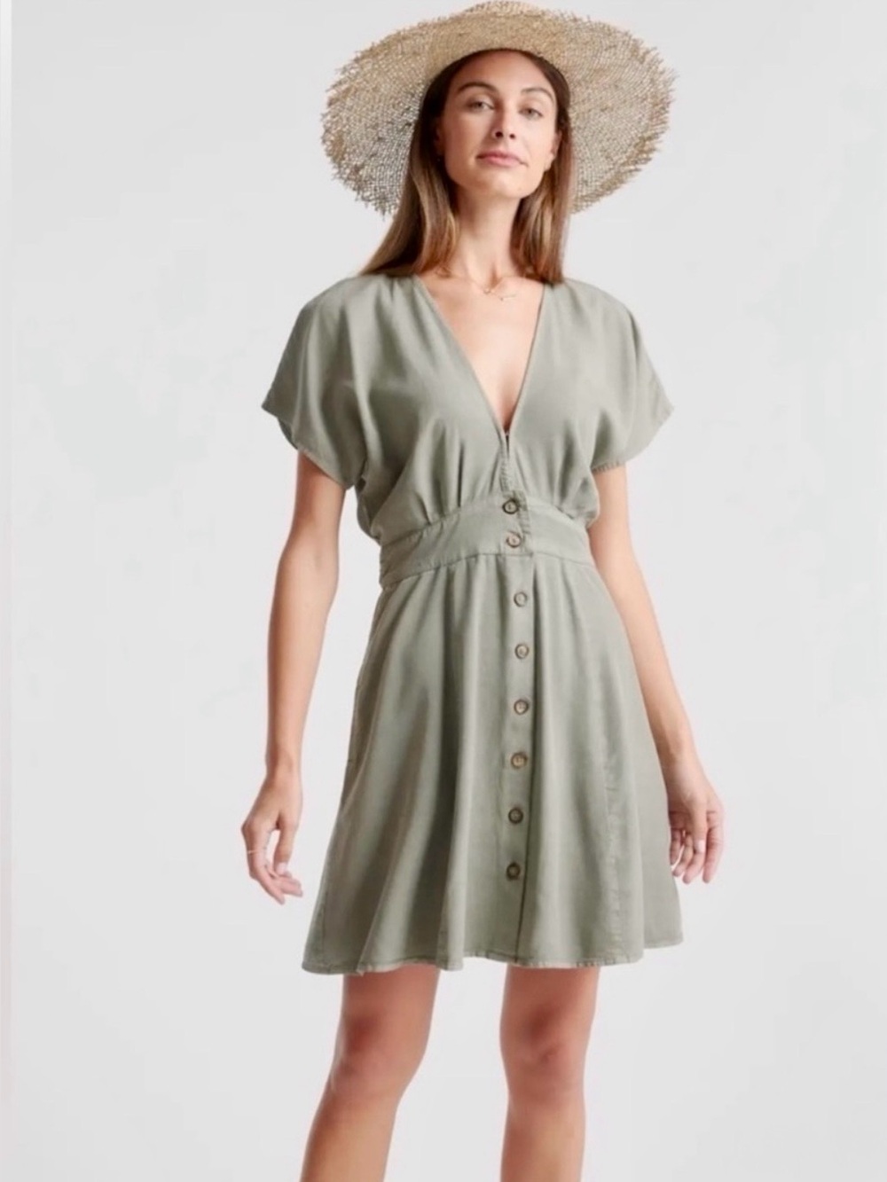 Quince Olive-Green V-Neck Button Front Mini Dress. New With Tags